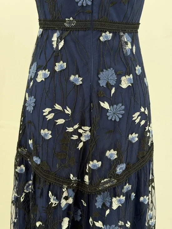 Monique Lhuillier Navy Blue Floral Embroidered Lace Midi Evening Cocktail Dress - Picture 11 of 16